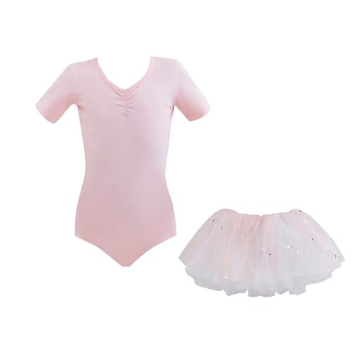 Mädchen Ballettkleidung Ballettkleid Kinder Baumwolle Tanztrikot mit Tutu-Rock Kurzarm Balletttrikot Ballett Outfit Gymnastik mit Rock Tütü von Tancefair