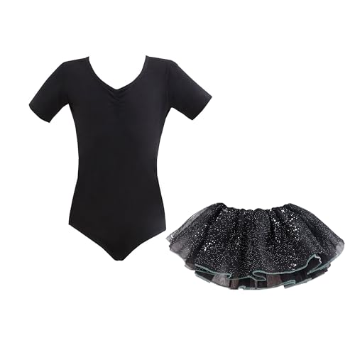 Mädchen Ballettkleidung Ballettkleid Kinder Baumwolle Tanztrikot mit Tutu-Rock Kurzarm Balletttrikot Ballett Outfit Gymnastik mit Rock Tütü von Tancefair