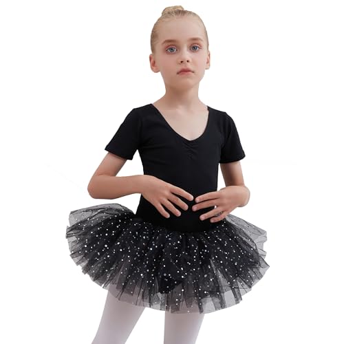 Kinder Ballettkleidung Ballettkleid Tanzkleider für Mädchen Baumwolle Kurzarm Balletttrikot Ballettanzug Tanzkleid Tanzbody mit Pailletten Rock Tütü Tanzkleidung von Tancefair