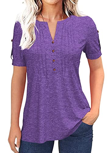 Tankaneo Damen Bluse V-Ausschnitt plissiert Knopfleiste Kurzarm T-Shirt Sommer Feste Farbe Lockere lässig Tunika Oberteil Top von Tankaneo