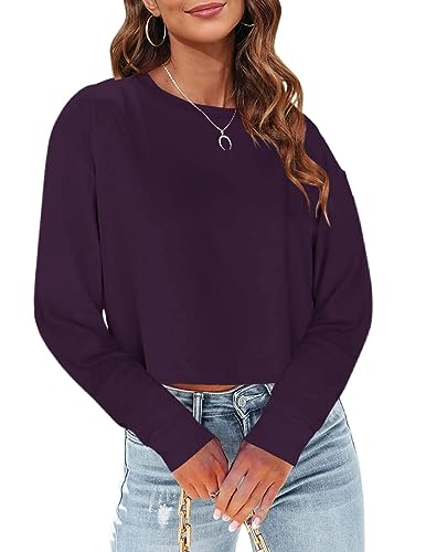 Tankaneo Damen Langarm Cropped T-Shirts Rundhals Casual Drop Schulter Crop Tops Solide Pullover Tees von Tankaneo