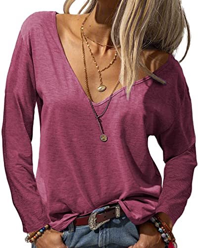 Tankaneo Damen Langarmshirt Mode Tiefer V-Ausschnitt Langarm Tops Solide Lässig Lose Basic Oberteil T-Shirt von Tankaneo