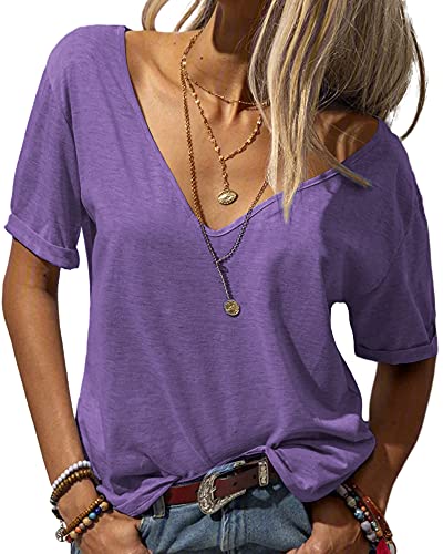 Tankaneo Damen Mode tief V-Ausschnitt Kurze Ärmel Tops Solide Lässig Lose Basic T Shirt von Tankaneo