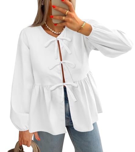 Tankaneo Damen-Oberteil mit Schnürung vorne, Blusen, lange Puffärmel, Schößchen, Babydoll, Schleife, Sommer, Kokette, Weiss/opulenter Garten, Mittel Tankaneo Damen-Oberteil mit Schnürung vorne, Blusen, lange Puffärmel, Schößchen, Babydoll, Schleife, Sommer, Kokette, Weiss/opulenter Garten, Mittel von Tankaneo
