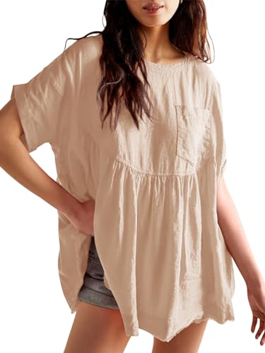 Tankaneo Damen-Sommer-Babydoll-Top, kurzärmelig, Rundhalsausschnitt, Tunika, T-Shirt, niedliches Swing-Minikleid, Khaki, X-Large von Tankaneo