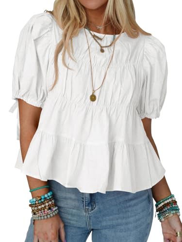 Tankaneo Damen Sommer Babydoll Tops Baumwolle Puffärmel T-Shirts Gesmokte Schößchen Bluse Casual Loose Fit Oberteile.Weiß.XL Tankaneo Damen Sommer Babydoll Tops Baumwolle Puffärmel T-Shirts Gesmokte Schößchen Bluse Casual Loose Fit Oberteile.Weiß.XL von Tankaneo