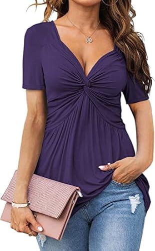 Tankaneo Damen V Ausschnitt Elegant Blusenshirt Front Knotted T-Shirt Kurzarm Dame Tunika Blusen Tops Oberteile von Tankaneo