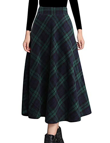 Tanming Damen Winter Warm Elastische Taille Wolle Plaid A-Linie Plissee Lange Rock, Grün 2, Mittel von Tanming