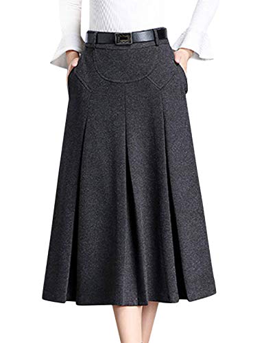 Tanming Damen Winter mit hohen Taille a-Linie plissee Wolle mit Langen Rock mit Taille Loops groß dunkelgrau von Tanming