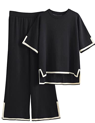 Tanming Pullover Sets Frauen 2 Stück Lounge Sets Kurzarm Strick Pullover Tops Wide Leg Hosen, Schwarz, XL von Tanming