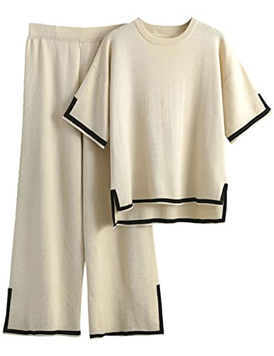 Tanming Pullover Sets Frauen 2 Stück Lounge Sets Kurzarm Strick Pullover Tops Wide Leg Hosen, aprikose, M von Tanming