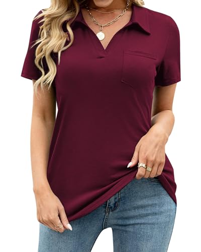 Tanmolo Damen Bluse Elegant V-Ausschnitt Polo T-Shirt Kurzarm Baumwolle Poloshirt Freizeitshirt Damen-Oberteile Weinrot, L Tanmolo Damen Bluse Elegant V-Ausschnitt Polo T-Shirt Kurzarm Baumwolle Poloshirt Freizeitshirt Damen-Oberteile Weinrot, L von Tanmolo