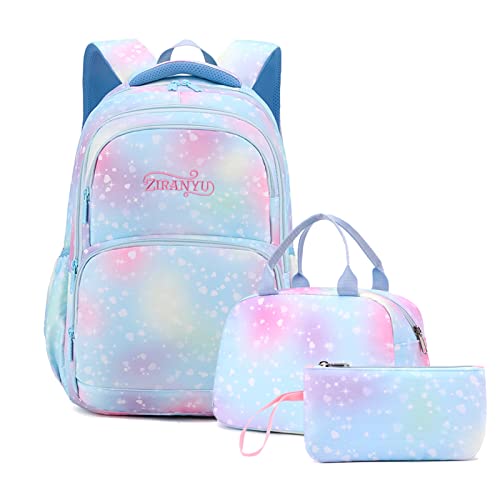 Tanou Mädchen 3PCS Herz Druck Schulrucksack Mädchen Set, Grundschule Kinder Büchertasche mit Mittagessen Tasche Bleistift Box, 3 in 1 Leichte Schultasche, Blau Liebe von Tanou