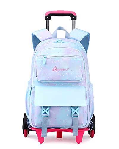 Tanou Rucksack mit Rollen, Leichte Schulrucksack zum Rollen für Mädchen, Kinder Trolley Schulranzen, 16 Zoll, 1-5.Klasse, Blau Stern von Tanou