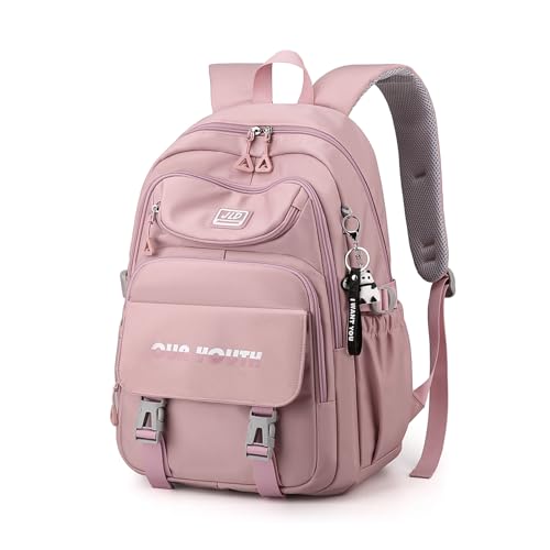 Tanou Schultasche Mädchen Rucksack Schule Mädchen, Große Kapazität Teenager Schulrucksack für Mädchen der 3. bis 9. Klasse, Nylon Kinder Schulranzen mit Anhänger, 9-16 Jahren, Lila von Tanou