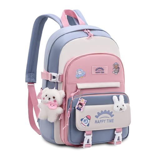 Tanou Schultasche Mädchen Rucksack Schule Teenager, 20 Liter Schulrucksack für Mädchen der 3. bis 7. Klasse, Leichter Wasserabweisender Nylon Kinder Schulranzen, Blau von Tanou