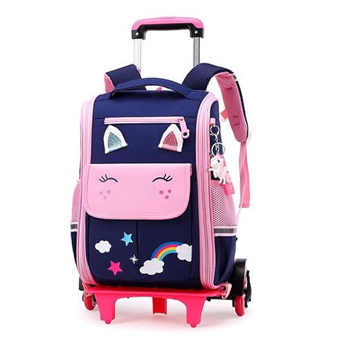 Tanou Trolley Rucksack mit 6 Rollen, 16 Zoll Leichte Schulranzen mit Rollen für Mädchen in der Grundschule, Abnehmbare Schulrucksack Trolley für Schule Reisen, 1-3 Klasse, Rosa Blau von Tanou