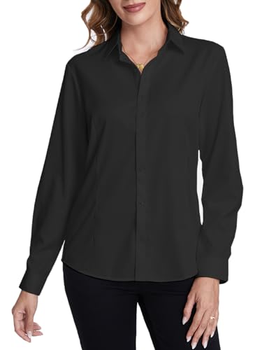 Tapata Frauen Klassische Button-Down Bluse Formelle Arbeit Kleid Fitted Shirts Kragen Langarm Business Top, Black, Klassisch, X-Large von Tapata