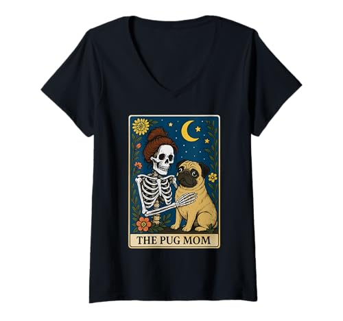 Damen The Pug Mom Tarotkarte T-Shirt mit V-Ausschnitt Damen The Pug Mom Tarotkarte T-Shirt mit V-Ausschnitt von Tarot Mopsmutter Hund Skeleton