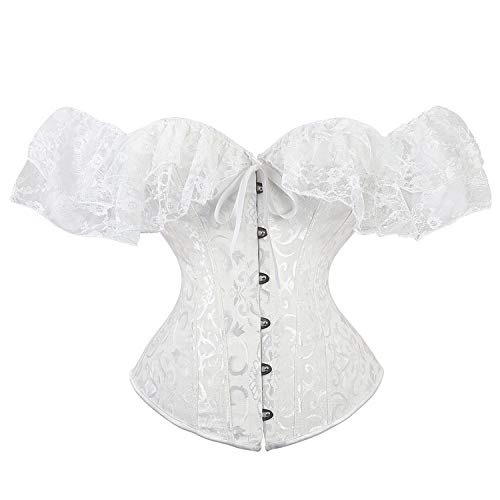 TatbUL Corset Topfrauen Vintage Spitze Rüschen Korsett Weiß Jacquard Trägerloses Push-Up-Korsett Bustier Gothic Cosplay Überbrust Bustier Body Shaper Dessous Ohne Knochen Mieder Club Party, M von TatbUL