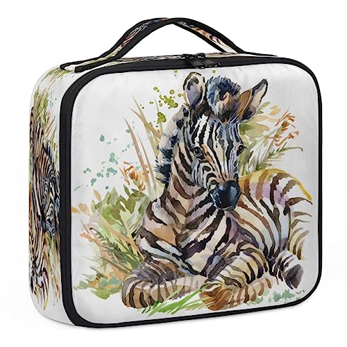 Aquarell-Make-up-Koffer, Zebra-Motiv, Make-up-Organizer-Tasche für Make-up-Künstler, 2-lagig, 25,4 cm, Reise-Zugkoffer, Make-up-Tasche für Kosmetik, Friseure, Nageltechnik, Aquarell, Zebra, 26,7 x von Tavisto