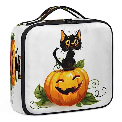 Black Cat Carving Pumpkin Makeup Case, Makeup Organizer Bag for Make up Artist, 2 Layer 10 IN Travel Train Case Makeup Bag for Cosmetic Hairstylist Nail Tech, Black Cat Carving Pumpkin, 10.5x9x3.5, von Tavisto