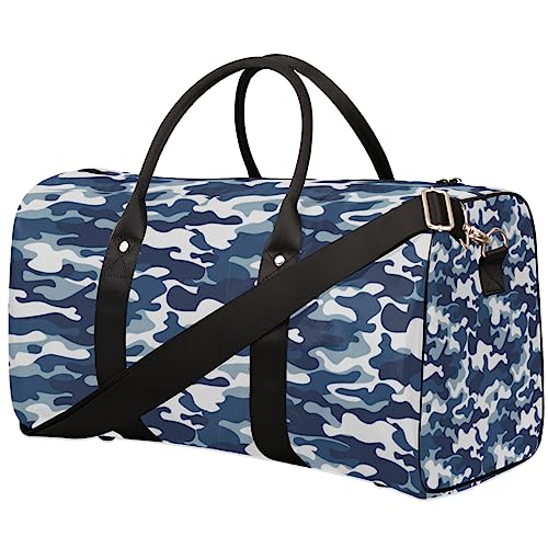 Blaue Camouflage Print Reisetasche, Weekender Taschen für Frauen Reisen, Turnbeutel, Handgepäck Taschen für Flugzeuge, Duffle Bag für Männer Reisen, Weekender Tasche, Blauer Camouflage-Druck von Tavisto