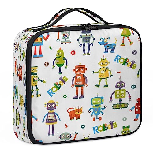 Bunte niedliche Roboter-Make-up-Koffer, Make-up-Organizer-Tasche für Make-up-Künstler, 2-lagig, 25,4 cm, Reise-Zugkoffer, Make-up-Tasche für Kosmetik, Friseure, Nageltechnik, bunte niedliche Roboter, von Tavisto