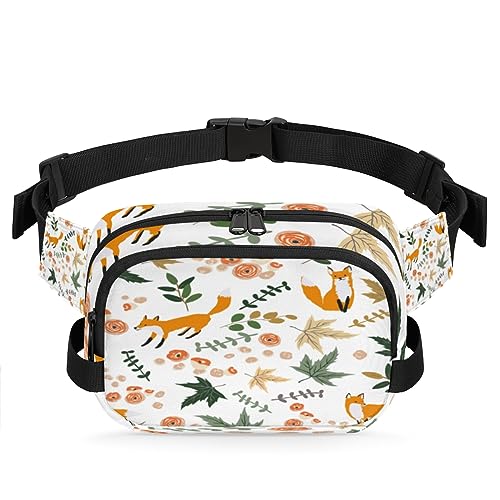 Fox Deer Owl Eichhörnchen Durable Waterproof Fanny Pack with Double Zipper Closure - Organize Your Essentials with Ease - Lightweight and Comfortable for Men and Women, Fuchs Blumen Blätter von Tavisto