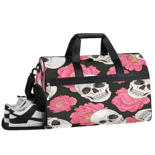 Gestreifter Totenkopf Turnbeutel, Sport Turnbeutel mit Nassfach & Schuhfach, Turnbeutel für Damen, Turnbeutel für Herren, Workout Tasche, Sporttasche, Weekender Bag mit Schuhfach, Sugar Skull Pink von Tavisto