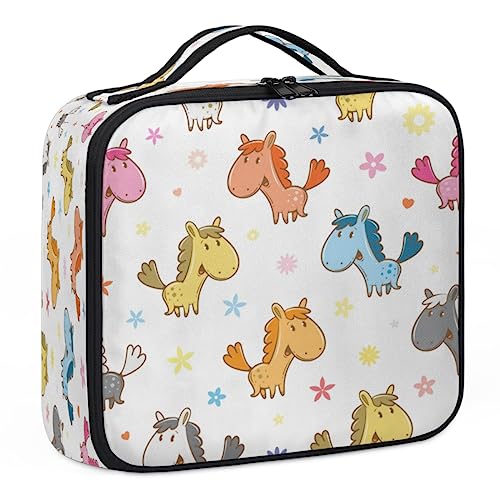 Make-up-Tasche mit Cartoon-Pferden, Make-up-Organizer-Tasche für Make-up-Künstler, 2-lagig, 25,4 cm, Reisezugkoffer, Make-up-Tasche für Kosmetik, Friseure, Nageltechnik, Cartoon-Pferde, 26,7 x 22,9 x von Tavisto