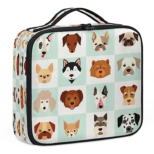 Make-up-Tasche mit Hundegesicht, Schachbrett-Design, Make-up-Organizer-Tasche für Make-up-Künstler, 2-lagig, 25,4 cm, Reisezugkoffer, Make-up-Tasche für Kosmetik, Friseure, Nageltechnik, Hundegesicht, von Tavisto