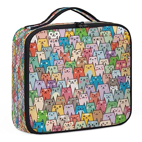 Niedliche bunte Katzen-Make-up-Koffer, Make-up-Organizer-Tasche für Make-up-Künstler, 2-lagig, 25,4 cm, Reise-Zugkoffer, Make-up-Tasche für Kosmetik, Friseure, Nageltechnik, niedliche bunte Katzen, von Tavisto