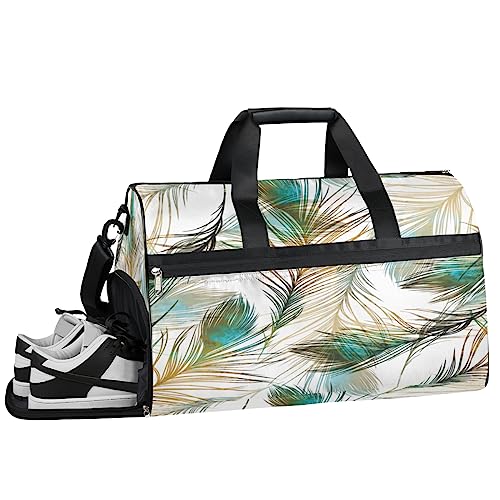 Peace Zeichen Blumen Federn Turnbeutel Sport Turnbeutel mit Nassfach & Schuhfach Turnbeutel für Damen Turnbeutel für Männer Workout Tasche Sportbeutel Weekender Bag mit Schuhfach, Pfauenfeder-Muster, von Tavisto