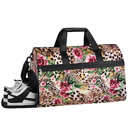 Tier Dinosaurier Turnbeutel, Sport Turnbeutel mit Nassfach & Schuhfach, Turnbeutel für Damen, Turnbeutel für Männer, Workout Tasche, Sporttasche, Weekender Bag mit Schuhfach, Tier Leopard Blume, von Tavisto