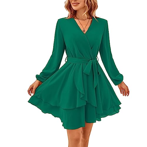 TcIFE Damen Kurz Kleid Langarm Casual V-Ausschnitt Tunika Kleider Einfarbig Rüschen Minikleid Swing Skater Hohe Taille Wickelkleid Chiffon, Grün, XL von TcIFE