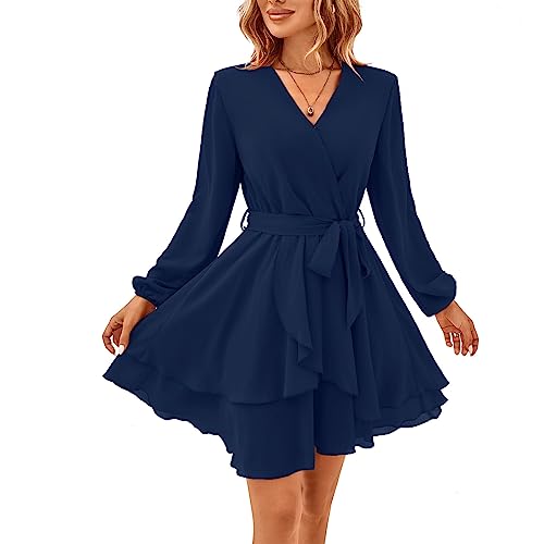 TcIFE Damen Kurz Kleid Langarm Casual V-Ausschnitt Tunika Kleider Einfarbig Rüschen Minikleid Swing Skater Hohe Taille Wickelkleid Chiffon, Marineblau, L von TcIFE