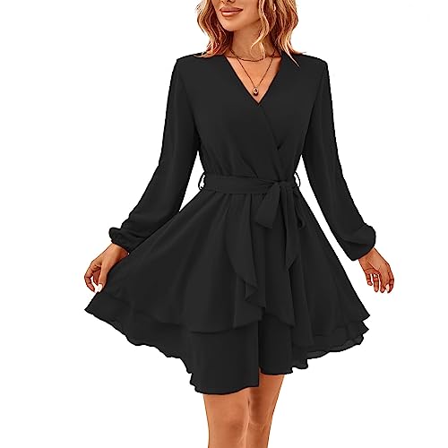 TcIFE Damen Kurz Kleid Langarm Casual V-Ausschnitt Tunika Kleider Einfarbig Rüschen Minikleid Swing Skater Hohe Taille Wickelkleid Chiffon, Schwarz, M von TcIFE