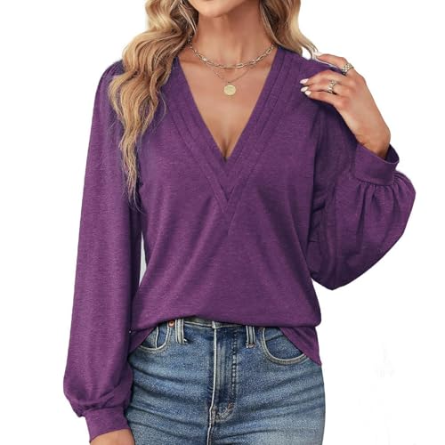 TcIFE Damen Tops Herbst Casual Einfarbig Langarm V-Ausschnitt T-Shirt Sexy Tops TcIFE Damen Tops Herbst Casual Einfarbig Langarm V-Ausschnitt T-Shirt Sexy Tops von TcIFE