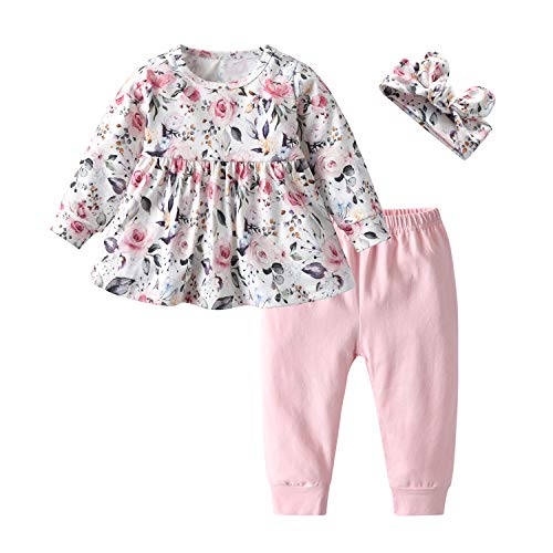Baby Mädchen Outfits Mädchen Floral gedruckte lange Ärmel Top Hose 3pcs Kleidung Set für Baby Mädchen Rosa (12-18 Monate) von Tearfuty