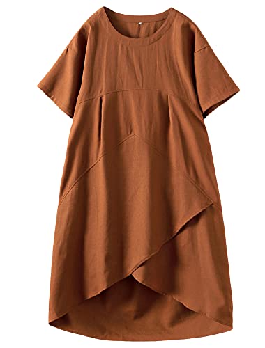 Tebreux Damen Midi Kleid Sommer Kurzarm Baumwolle A-Linie Leinenkleider Boho Lang Sommerkleider mit Taschen Orange XL von Tebreux