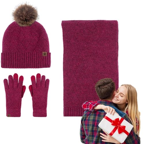 Damen Mütze und Handschuhe Set Winter,Stricken Sie einen warmen Beanie-Mützen-Schal - Weiche Fleece-Thermo-Mütze, Schal, Handschuhe für Winter, Wandern, Reisen, Camping, Skifahren, Snowboarden Tedious von Tedious