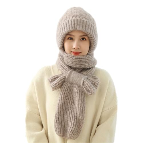 Tedious Integrierter Gehörschutz Winddichter Mützenschal | 2-in-1 Wintermütze mit Kapuze für Damen | Gestrickte Beanie Mütze mit Halswärmer | Verdickte warme Mütze Winterzubehör für Damen Halskopf von Tedious