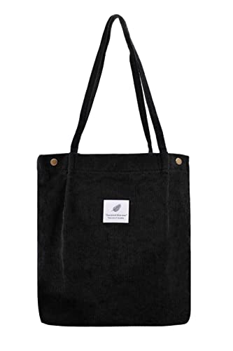 Damen Große Handtasche Kord Shopper Cord Tote Bag für Bücher Reisen Alltag Schule Arbeit Einkaufstasche für Mädchen 40x41cm schwarz von TeeYee