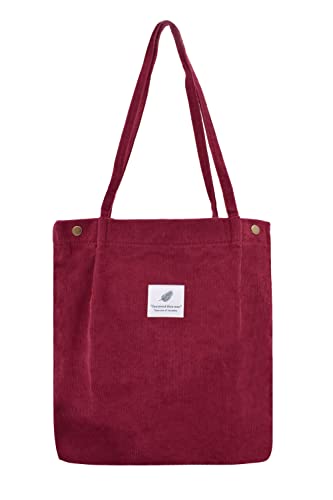 Damen Große Handtasche Kord Shopper Cord Tote Bag für Bücher Reisen Alltag Schule Arbeit Einkaufstasche für Mädchen 40x41cm wine von TeeYee