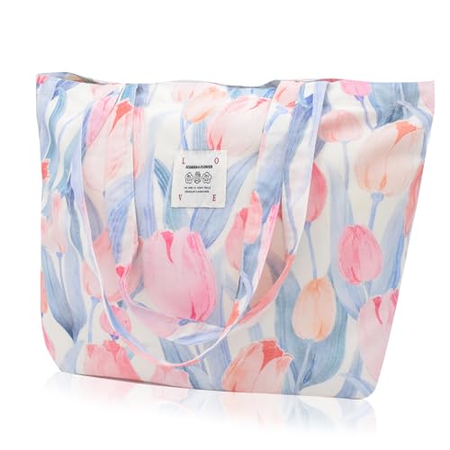 Damen Stofftaschen Blume Tote Tasche Umhängetasche Leicht Große Kapazität Student Shopping Beach Bag Rosa Tulpe von TeeYee