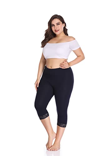 Teemie Damen Capri Leggings 3/4 Sport Sporthose High Waist Kurze Streetwear Yogahose Frauen Hohe Taille Gym Leggings Lässig Spitze Hose Plus Größe Fitness Joggen Trainingshose Blau von Teemie