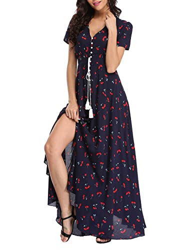 Teemie Damen Kleid Kurzarm Maxikleid Sommerkleid Boho Lang Kleider V Ausschnitt Strandkleid Sommer Casual Hübsche Blumenkleid Beachkleid Flowy Split Kleid mit Gürtel Holidy von Teemie