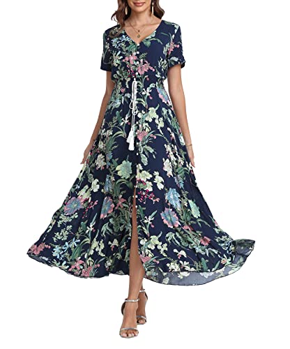 Teemie Damen Kleid Kurzarm Maxikleid Sommerkleid Boho Lang Kleider V Ausschnitt Strandkleid Sommer Casual Hübsche Blumenkleid Beachkleid Flowy Split Kleid mit Gürtel Holidy von Teemie