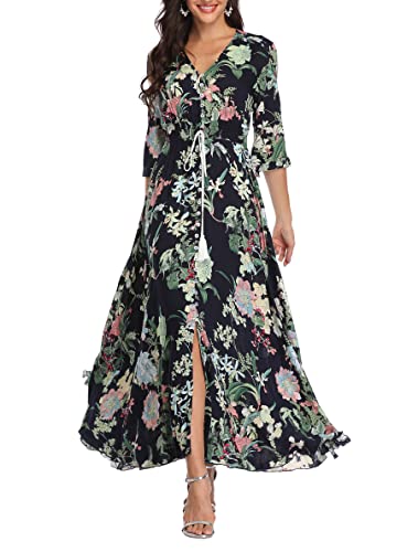 Teemie Damen Kleid Kurzarm Maxikleid Sommerkleid Boho Lang Kleider V Ausschnitt Strandkleid Sommer Casual Hübsche Blumenkleid Beachkleid Flowy Split Kleid mit Gürtel Holidy von Teemie